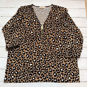 Michael Kors Leopard Print Zip Front Top Size L Gold Logo Blouse